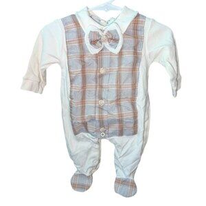 Beau Kid Long Sleeve Baby Boy Ivory Bowtie Plaid Pantsuit Bodysuit Pants Footed